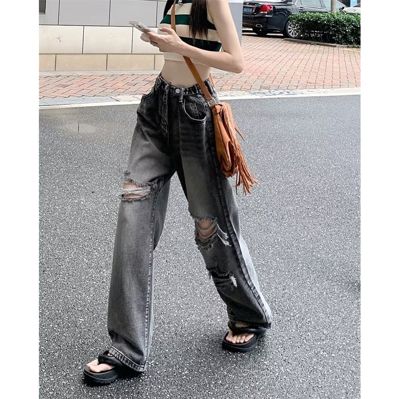 Ảnh Daduhey Quần jeans dài ống rộng lưng cao khoét lỗ phong cách trẻ trung pha cổ điển thời trang Hàn Quốc 4