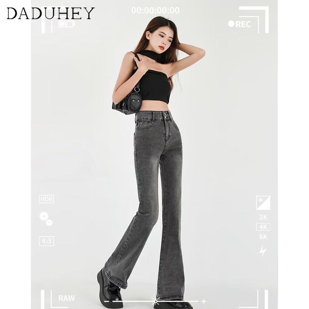 Ảnh Quần jean DADUHEY lưng cao ống loe rộng nhẹ co giãn màu xám phong cách Hàn Quốc retro mới cho nữ 4