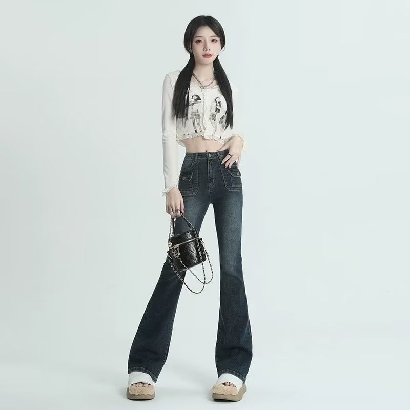 Ảnh Quần jean giặt Daduhey dáng dài ống loe nhẹ cạp cao thời trang mới retro phong cách Hàn Quốc cho nữ 3