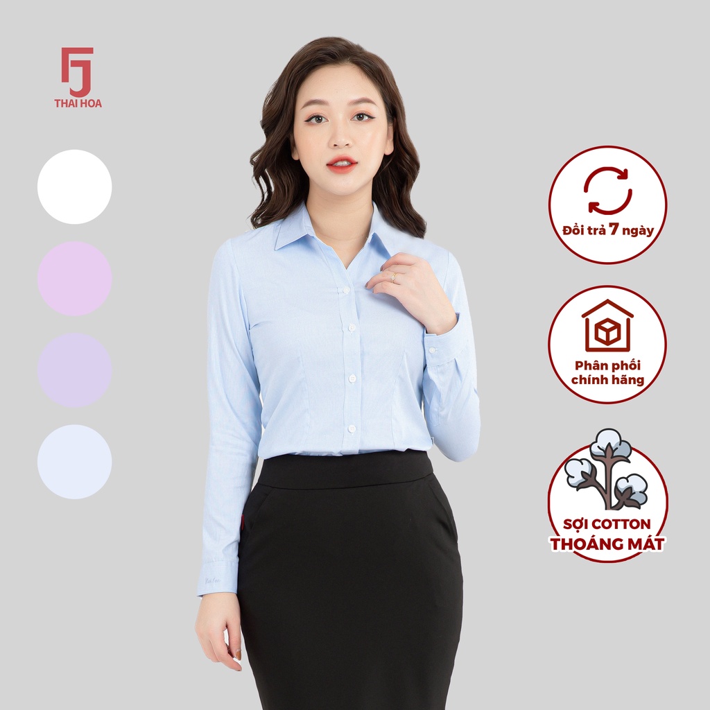 Áo sơ mi nữ dài tay R04 chất liệu cotton kẻ tăm form ôm nhiều màu Thái Hòa
