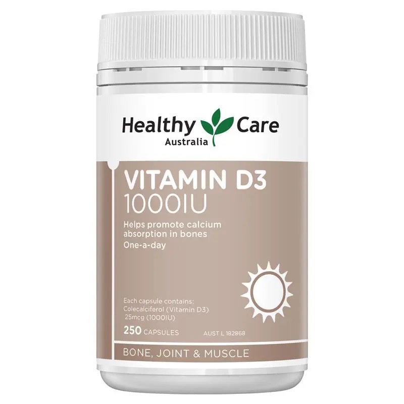 Viên uống Vitamin D3 1000IU chống loãng xương Healthy Care 250 viên Úc
