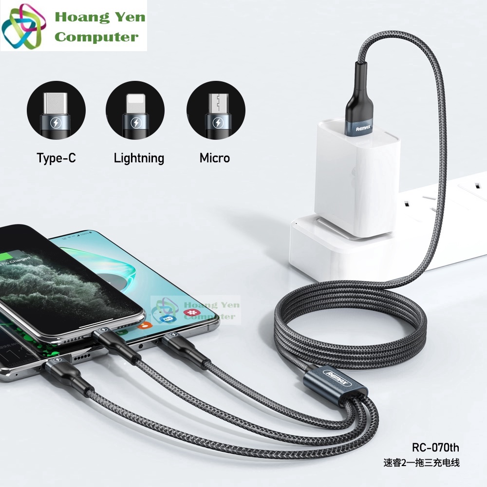 Cáp Sạc 3 Đầu Remax RC-070TH - Dây Dù Dài 1.2m - Bảo Hành 6 Tháng - Hoàng Yến Computer