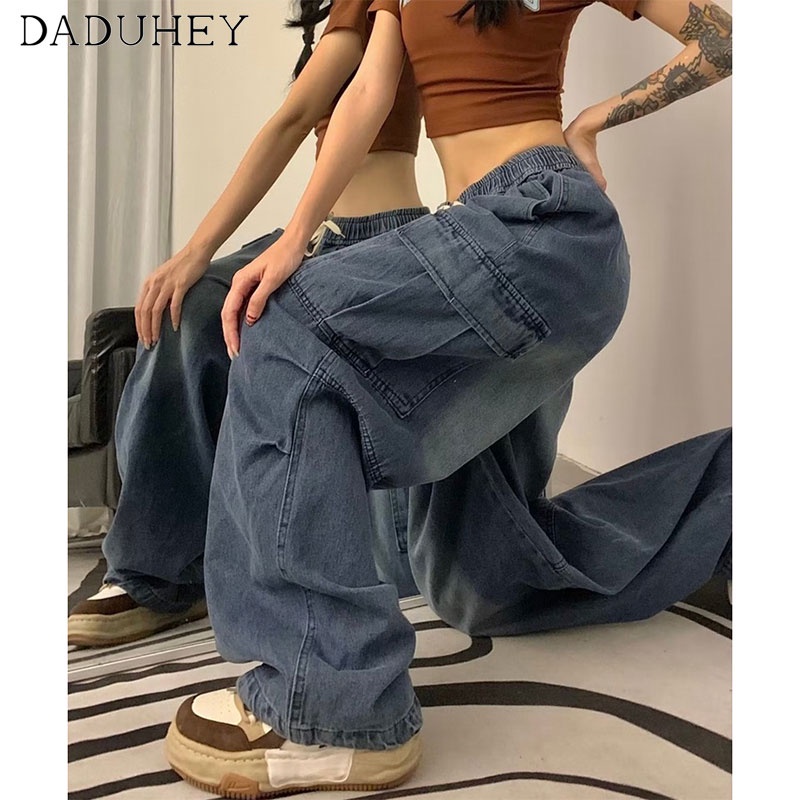 Quần jean túi hộp Daduhey dáng rộng ống rộng phối túi lớn retro phong cách hip hop Mỹ cho nữ