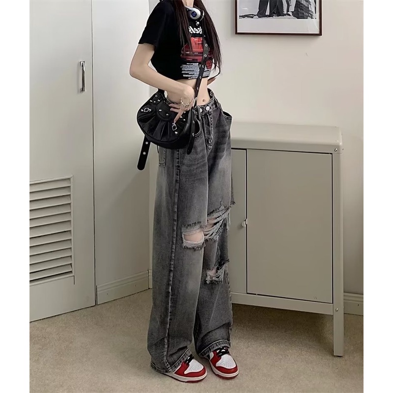 Ảnh Daduhey Quần jeans dài ống rộng lưng cao khoét lỗ phong cách trẻ trung pha cổ điển thời trang Hàn Quốc 2