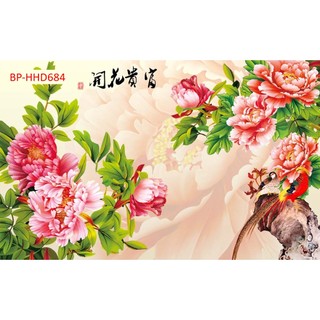 Tranh 3D hoa Mẫu Đơn dán phòng ngủ, phòng khách