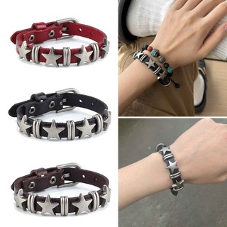 Vòng đeo tay ngôi sao đen KRA Vòng đeo tay bằng da có thể điều chỉnh Gothic Vòng đeo tay rộng