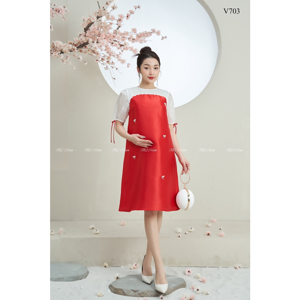[SALE OFF] Váy bầu thiết kế Váy tapta đính nơ siêu xinh V703 B2 MUM
