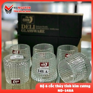 Bộ 6 cốc thủy tinh đế xoay 360 độ - ly thủy tinh chịu nhiệt vân kim cương cao cấp