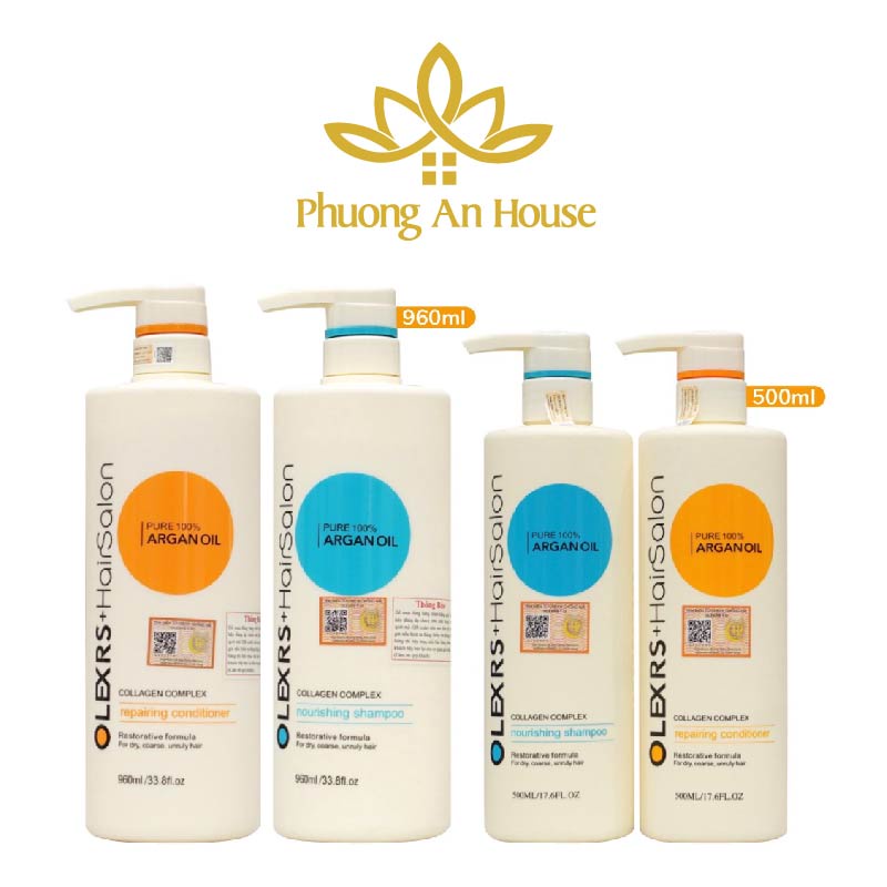 Cặp dầu gội xả Olexrs Hair Salon Argan Oil Collagen Kích thích mọc tóc, phục hồi tóc hư tổn 500 & 960ml - PhuongAnHouse