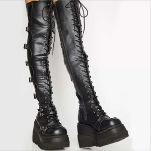 Demonia Giày Bốt Đế Xuồng Siêu Dài Qua-the-Knee Phong Cách Gothic Punk Hot