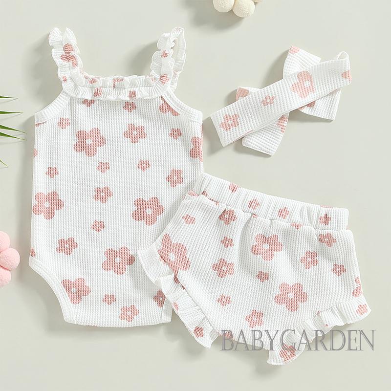 Bộ Áo Liền Quần Hai Dây + Quần Short + Băng Đô In Hoa Xinh Xắn Cho Bé Gái Từ 0-18 Tháng Tuổi