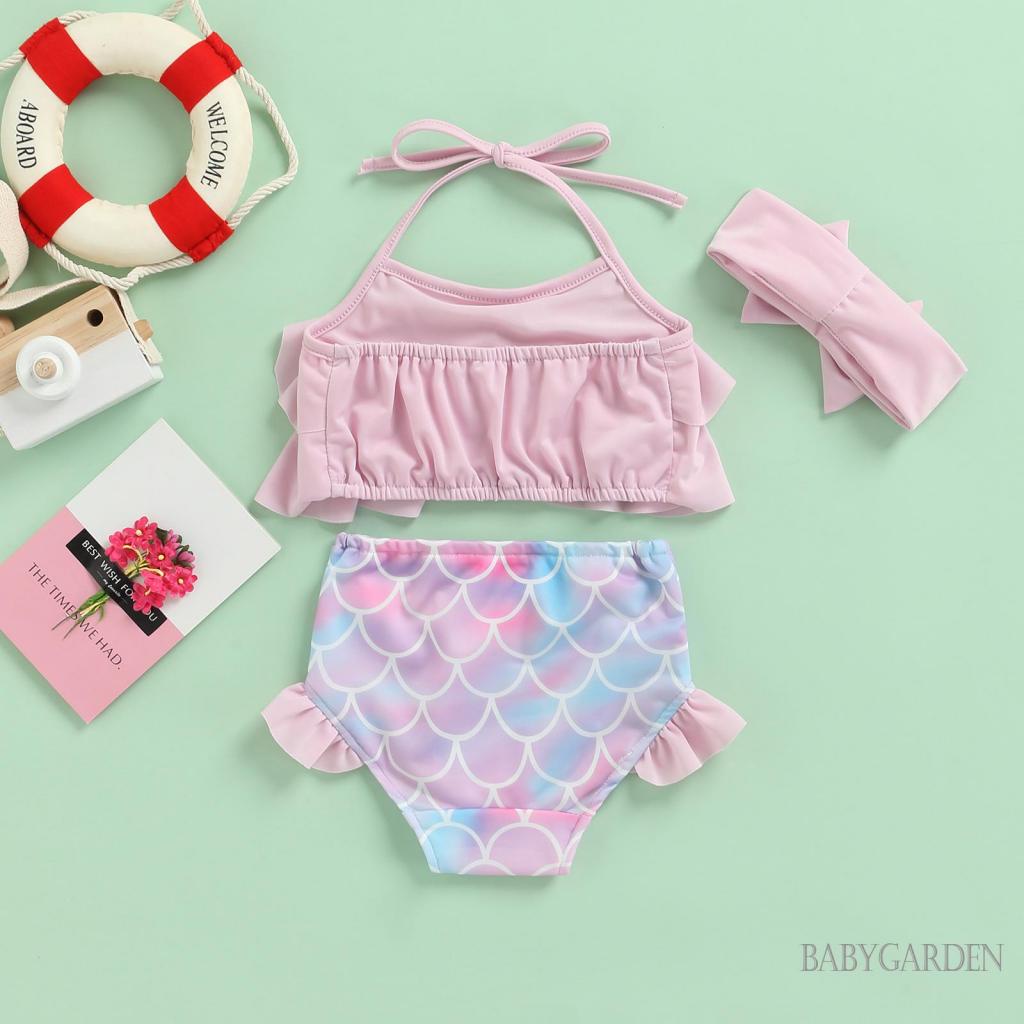 Bộ Bikini Hai Dây Màu Trơn + Đáy Nàng Tiên Cá + Băng Đô Cài Tóc Màu Sắc Xinh Xắn Cho Bé Gái