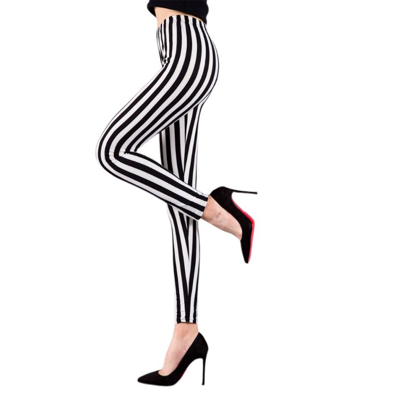 Dasbsug Nữ Giữa Tăng Chiều Dài Đến Mắt Cá Chân Quần Legging Co Giãn Đen Trắng Dọc Sọc Prin