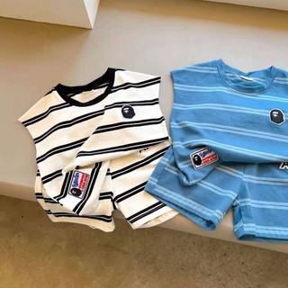 Áo Vest Bé Trai Sọc, Áo Thun, Quần Short Không Tay Cotton Nguyên Chất Bộ Đồ Hai Mảnh