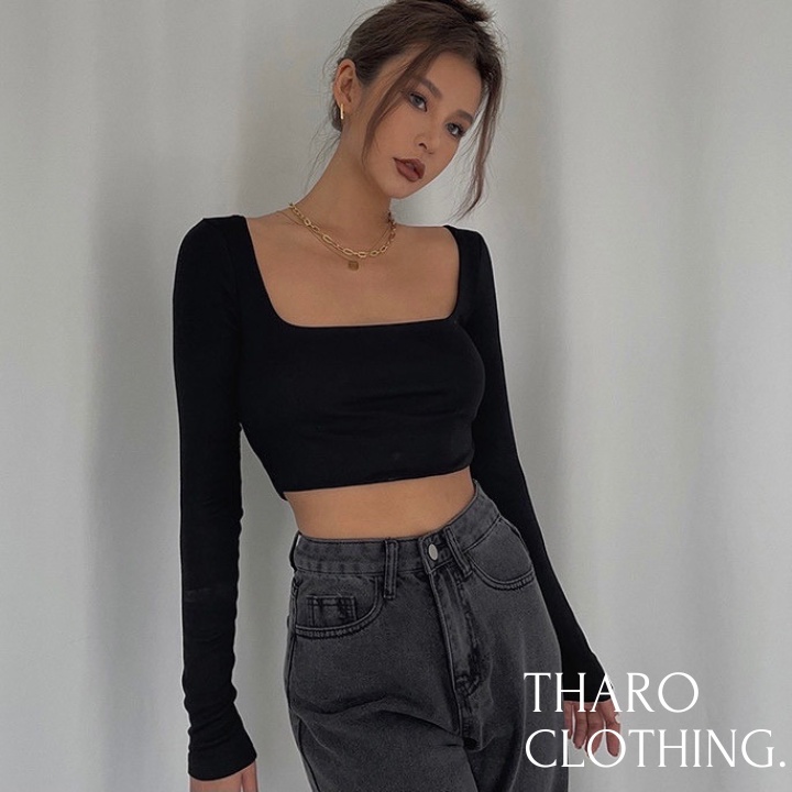 Áo Croptop Nữ Gân Tăm, Cổ Vuông Tay Dài - Tharo Clothing