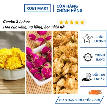 Combo 3 lọ trà hoa sấy khô robimart (hoa cúc vàng, nụ hoa hồng, hoa nhài nở) đẹp da, tốt cho sức khỏe
