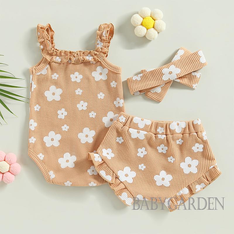 Bộ Áo Liền Quần Hai Dây + Quần Short + Băng Đô In Hoa Xinh Xắn Cho Bé Gái Từ 0-18 Tháng Tuổi