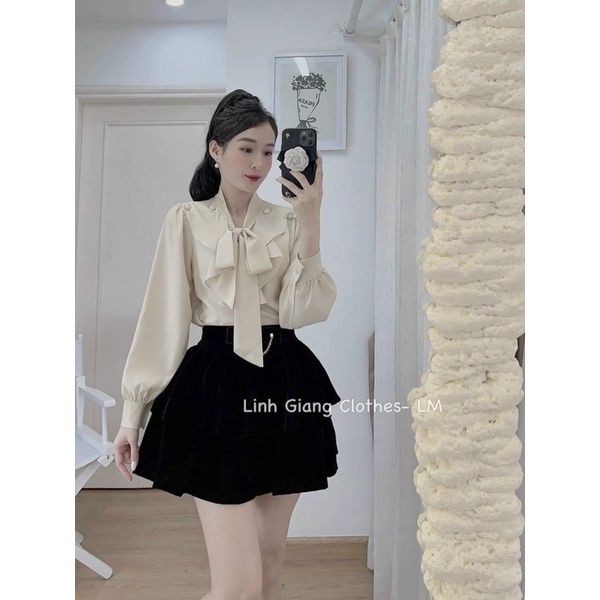 Áo sơ mi nữ công sở tay bồng cổ tàu cột nơ khuy ngọc sang chảnh kèm ảnh thật
