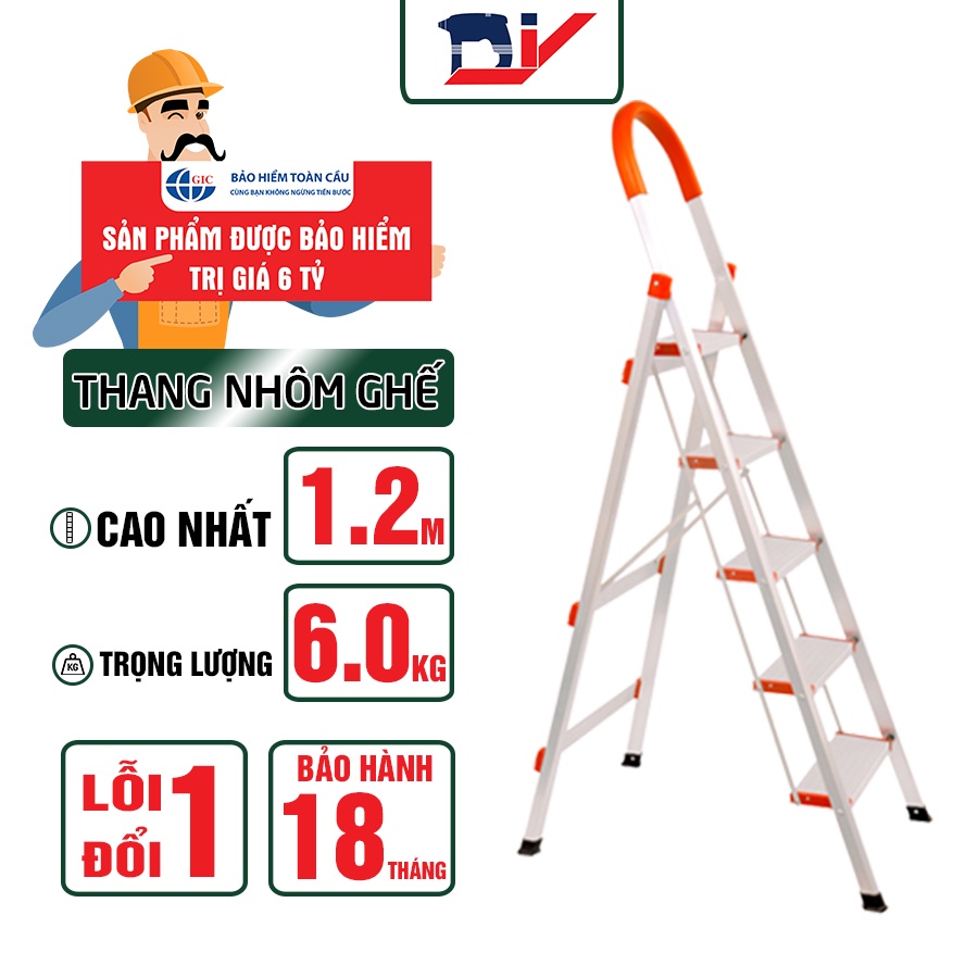 [HỎA TỐC 2H HCM] Thang nhôm ghế 5 bậc DIY TLN-05 chiều cao sử dụng tối đa 120cm - Tiêu chuẩn an toàn Châu Âu
