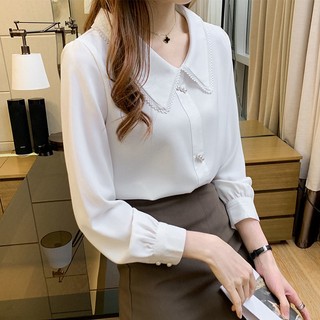 Áo Sơ Mi Chiffon Tay Dài Cổ Búp Bê Phối Ren Thời Trang Dành Cho Nữ