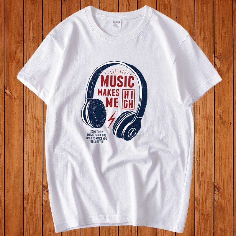 Áo Thun Nam Form Rộng HappyTee - Mẫu Họa Tiết Tai Nghe MUSIC MAKE ME HIGH Chất Vải Cotton 100-Màu Trắng Đen Xám Xanh Rêu