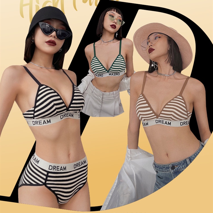 1 Bộ Áo Ngực + Quần Lót Cotton Mỏng Kẻ Sọc Thời Trang Thoải Mái Thân Thiện Với Da Không Gọng Cho Nữ