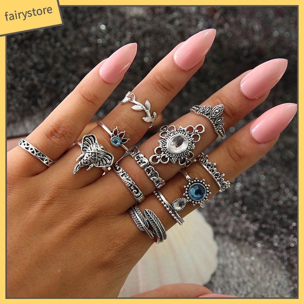 Set 12 Nhẫn Đeo Khớp Ngón Tay Đính Đá Phong Cách Boho Cổ Điển Dành Cho Nữ [Fairy1]