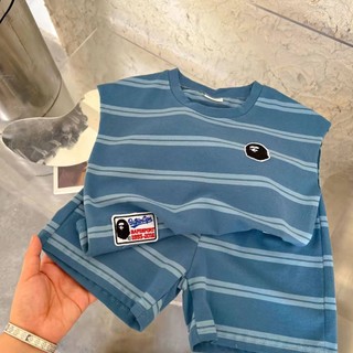 Áo Vest Bé Trai Sọc, Áo Thun, Quần Short Không Tay Cotton Nguyên Chất Bộ Đồ Hai Mảnh