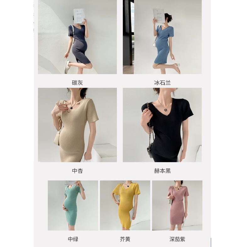 Đầm Dệt Kim Tay Ngắn Cổ Chữ V Dáng Ôm Thời Trang Hàn Quốc Cho Mẹ Bầu