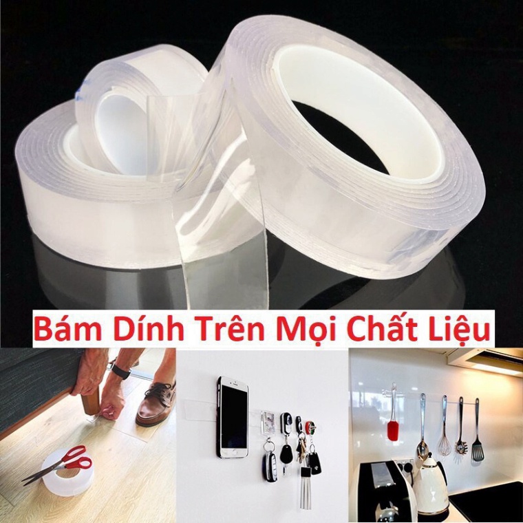 Băng keo 2 mặt 5m siêu dính trong suốt , chất liệu dán mọi vật dụng