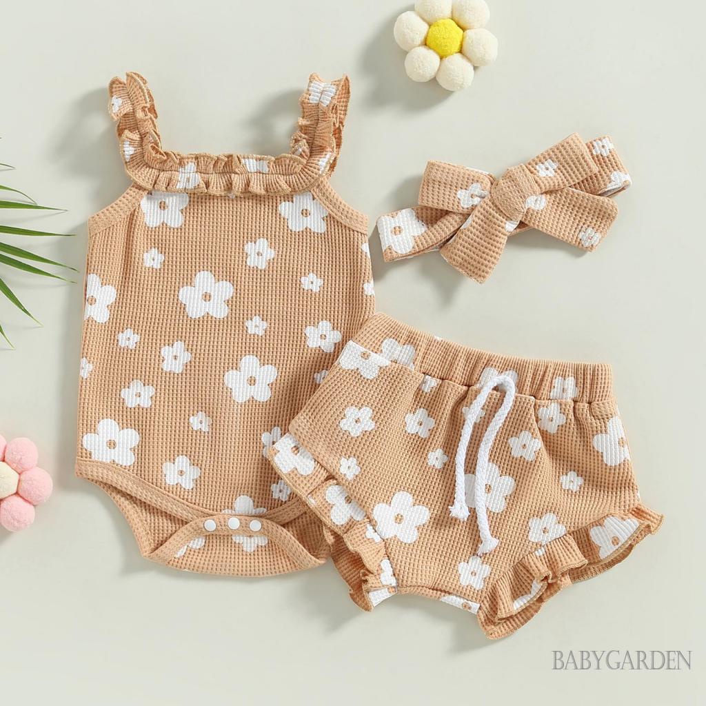 Bộ Áo Liền Quần Hai Dây + Quần Short + Băng Đô In Hoa Xinh Xắn Cho Bé Gái Từ 0-18 Tháng Tuổi