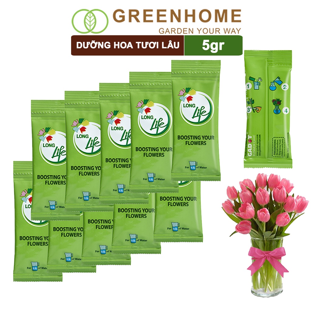 50 gói Dưỡng hoa tươi lâu longlife Greenhome, gói 5gr, lâu tàn, nở bông to, không bị hôi nước