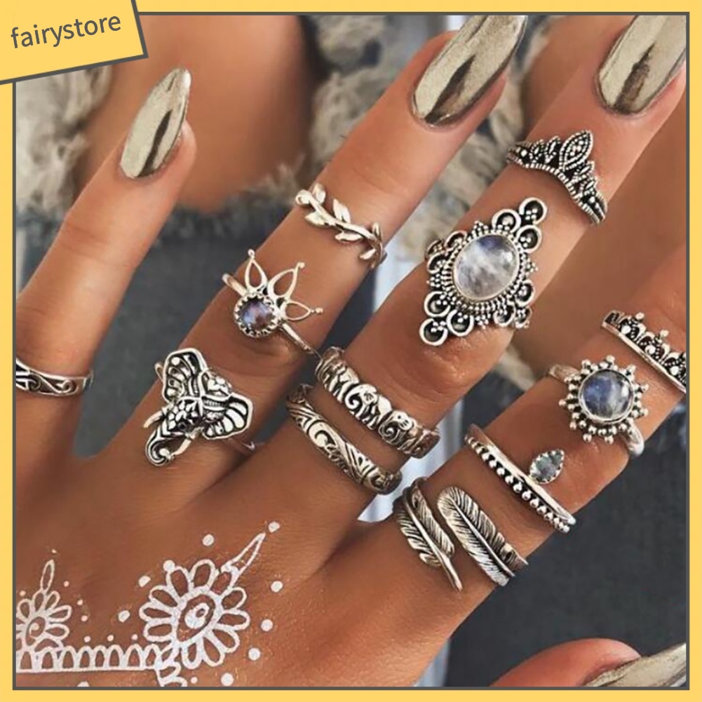 Set 12 Nhẫn Đeo Khớp Ngón Tay Đính Đá Phong Cách Boho Cổ Điển Dành Cho Nữ [Fairy1]
