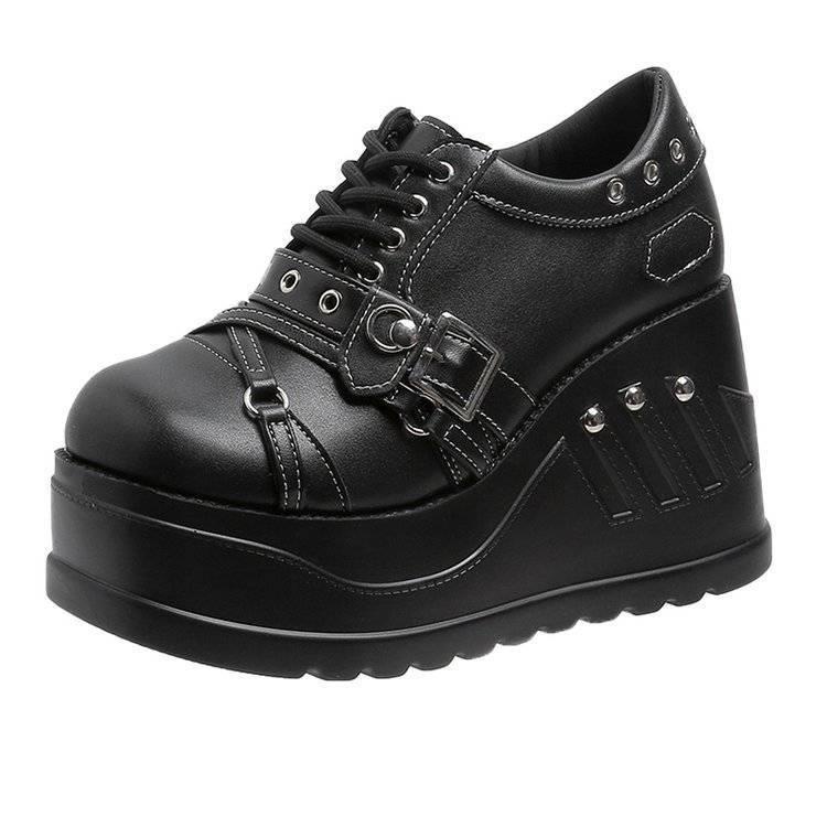 Đen Phong Cách Gothic Giày Da Nhỏ Cao Cấp Đế Dày Buộc Dây Giày Punk Giày Gothic Độc Đáo Văn Hóa Châu Á