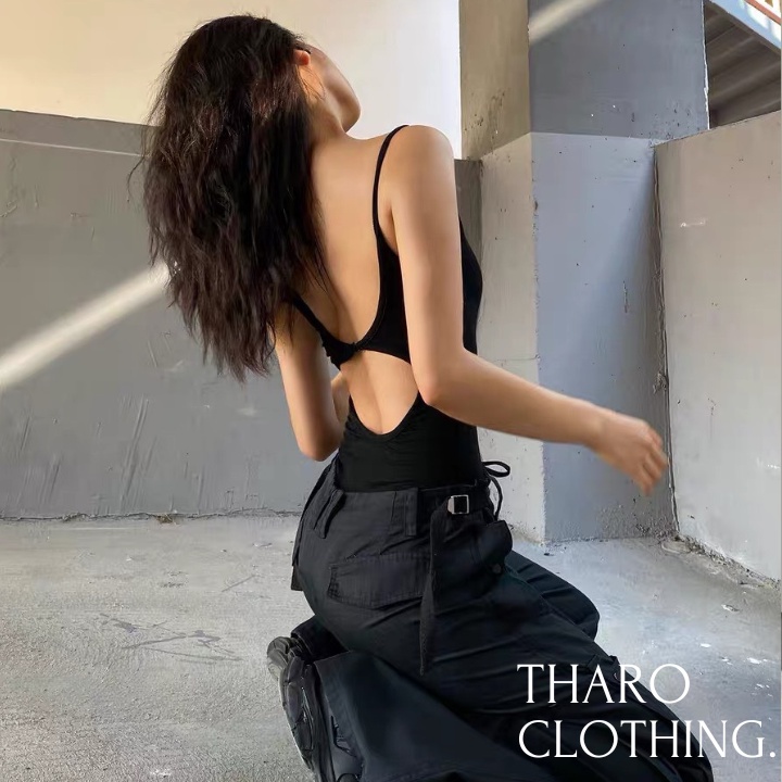 Bodysuit Hai Dây Khoét Lưng, Đính Khuyên Tròn - Tharo Clothing [AO00089