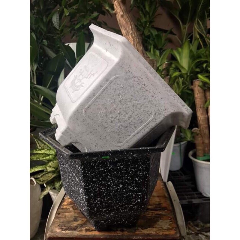(32x22cm) Chậu nhựa lục giác LG19 vân giả đá đen/Trắng/Đỏ viền hoa văn nổi loại 1 dày, cứng, đẹp,hàng sẵn ạ