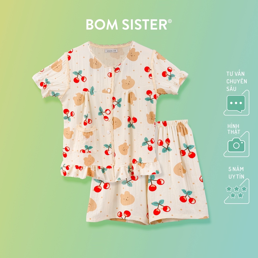 Set đồ ngủ pyjama áo ngắn tay quần đùi viển ren họa tiết dễ thương BOM SISTER DN7922