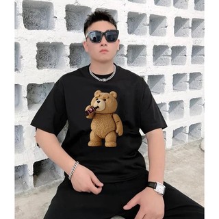 Áo Phông Cộc Tay Cổ Tròn Phối Họa Tiết Gấu Bearr Chai Rượu Thoáng Khí, Cotton Khoo 100% Mềm Mịn