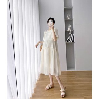 Đầm bầu xinh babydoll màu kem Viba [VB71] thiết kế 3 tầng chất liệu tơ óng mềm mại phù hợp đi chơi đi tiệc