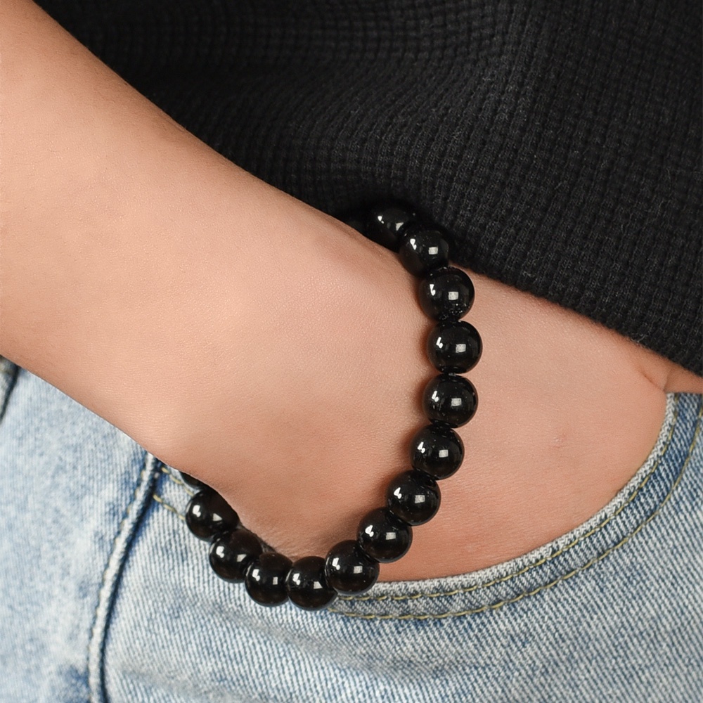 Vòng Tay Chuỗi Hạt Đá Obsidian Tròn Màu Đen / Đá Nham Thạch Chakra Đơn Giản Dành Cho Nam Và Nữ