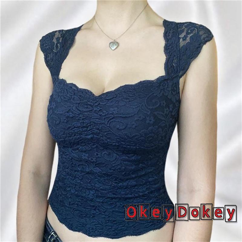 Áo Tank Top Mini Phối Ren Xuyên Thấu Phong Cách Vintage Thanh Lịch Cho Nữ