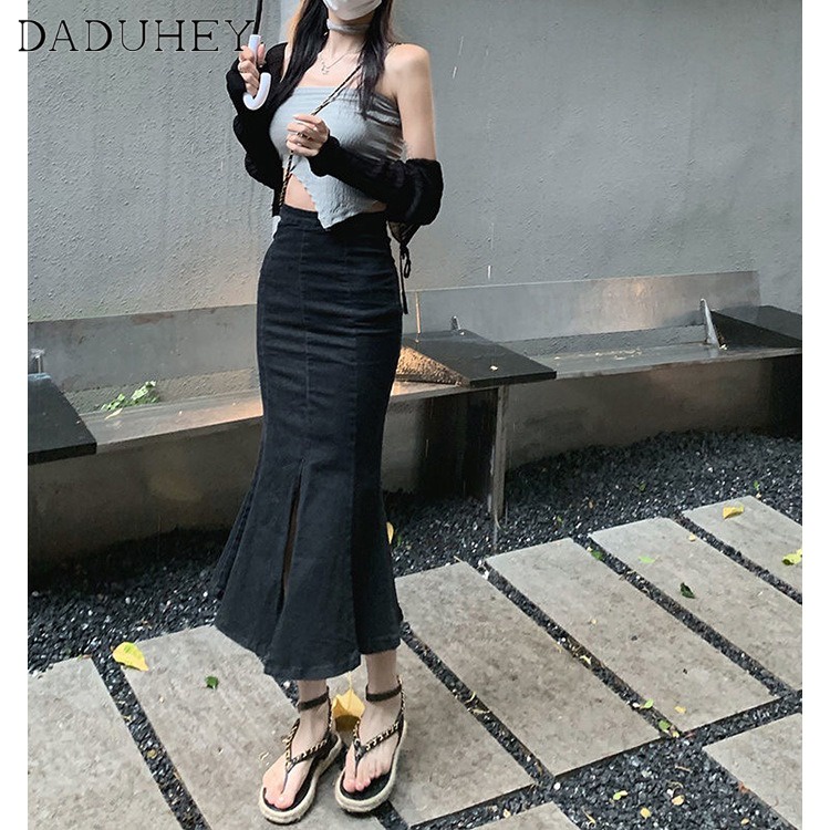 Ảnh DaDuHey New Korean Version of Ulzzang Ruffled Denim Skirt High Waist Black Slim Slit Bag Hip Mermaid Skirt 2