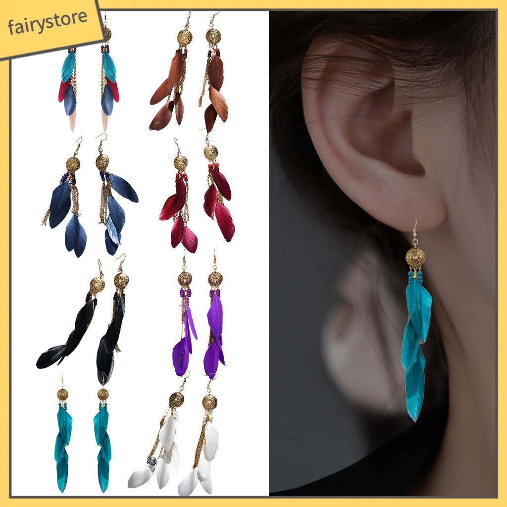 1 Đôi Bông Tai Dáng Dài Phối Lông Vũ Phong Cách Bohemian Cổ Điển Thời Trang Cho Nữ