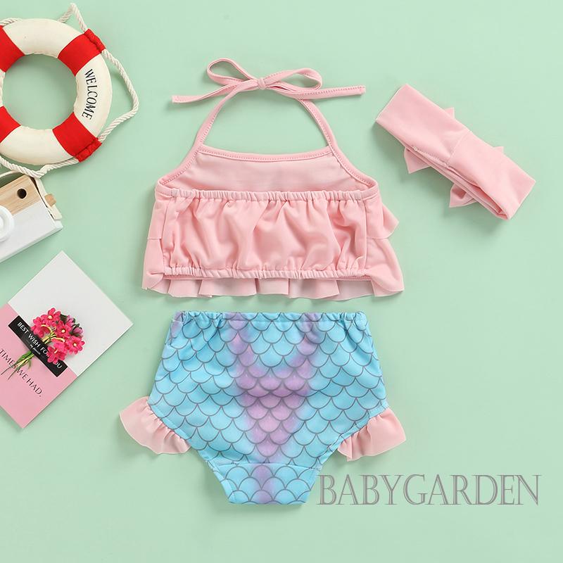 Bộ Bikini Hai Dây Màu Trơn + Đáy Nàng Tiên Cá + Băng Đô Cài Tóc Màu Sắc Xinh Xắn Cho Bé Gái