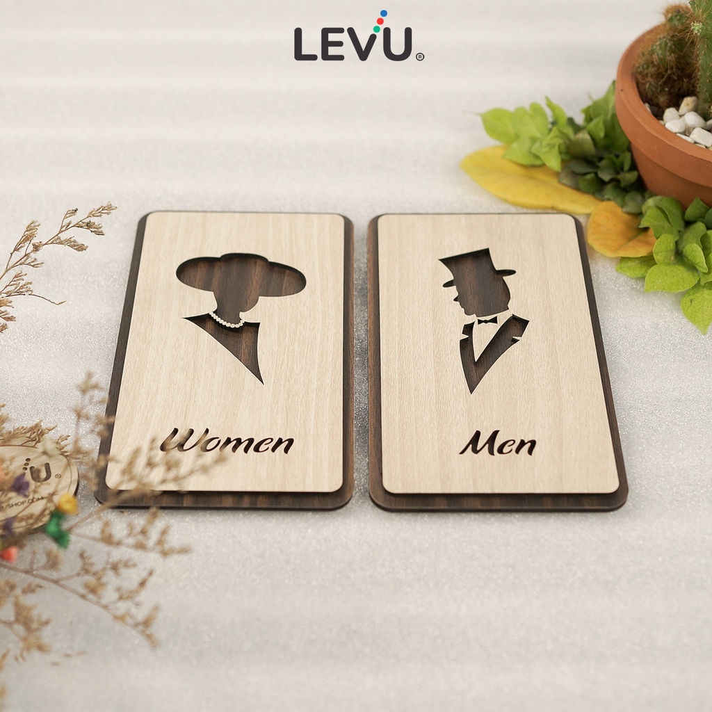 Bảng gỗ trang trí cửa nhà vệ sinh Men Women kiểu dáng thanh lịch LEVU-TL34
