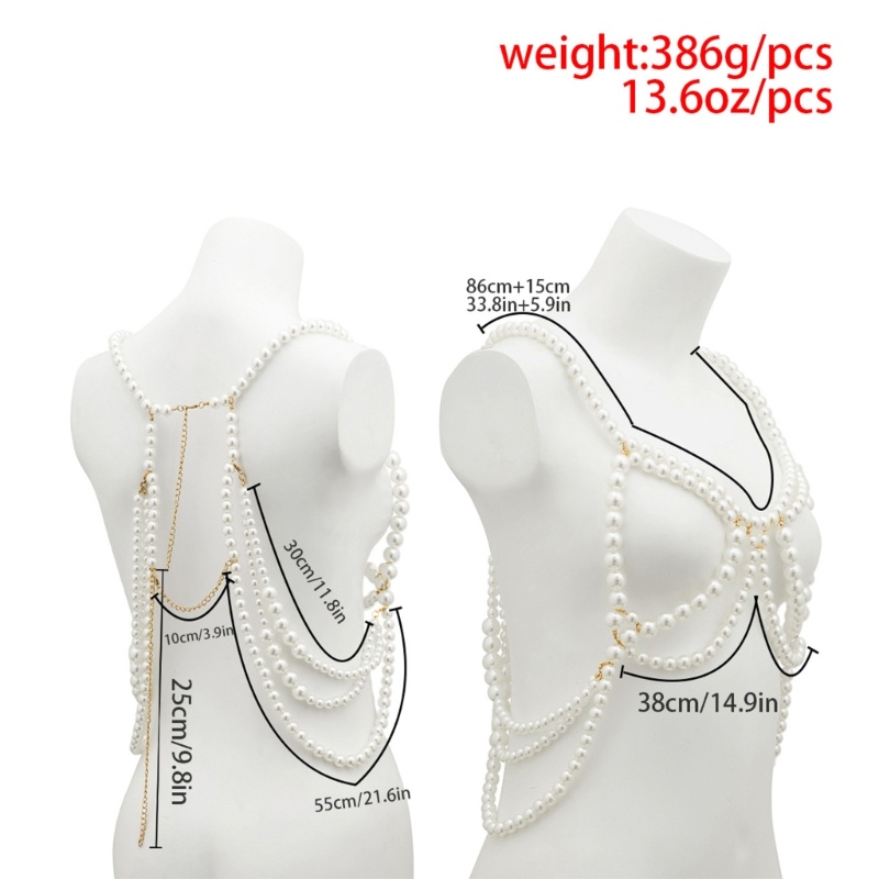 Bộ bikini ngọc trai với dây xích ngực và eo, trang sức cơ thể sang trọng