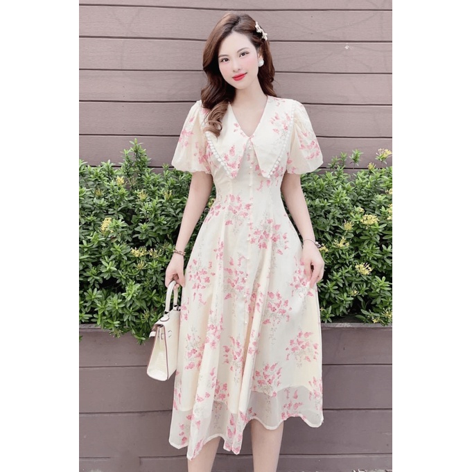 (HCM) Đầm Voan Hoa Nữ Sang Chảnh -Qúy Phái Dài Qua Gối Phong Cách Thanh Lịch Tiểu Thư xinh Xắn cho Các Chị Em HIYU STORE