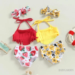 Bộ Đồ Bơi 3 Mảnh Áo + Quần Short In Hoa / Dâu Tây Màu Trơn Dành Cho Bé Gái 0-3 Tuổi