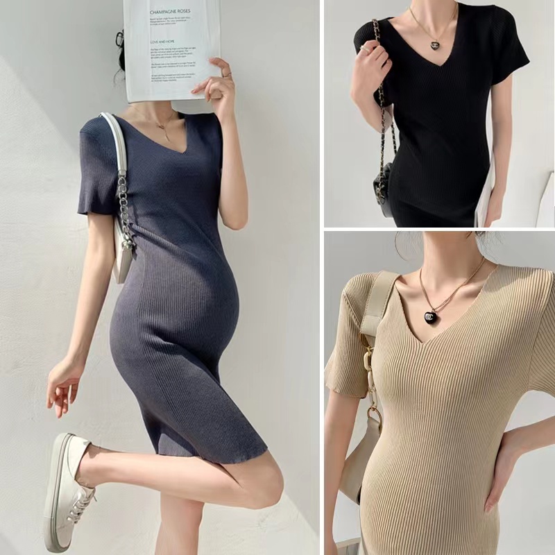 Đầm Dệt Kim Tay Ngắn Cổ Chữ V Dáng Ôm Thời Trang Hàn Quốc Cho Mẹ Bầu