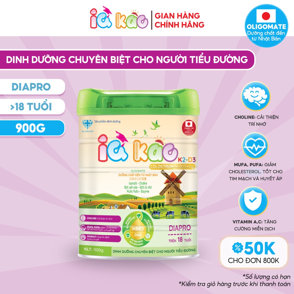 Sữa bột IQ KAO DIA PRO sữa ít đường dinh dưỡng đặc biệt dành cho người tiểu đường, người già, người từ 18 tuổi trở lên